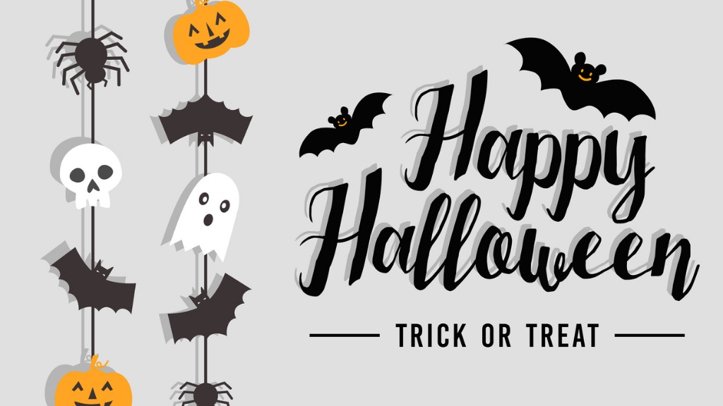 Happy halloween text banner with bat spider pumpkin and ghost vector vector id1023401192
